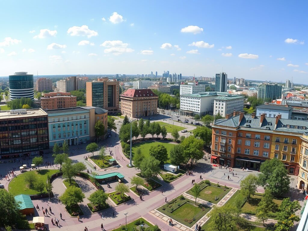 Городской пейзаж с современными зданиями, зелеными парками и людьми на прогулке под солнечным небом.