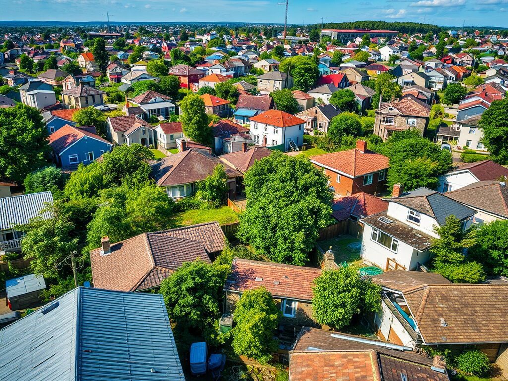 Жилая застройка с домами и зелеными деревьями, вид из воздуха на пригородный район.