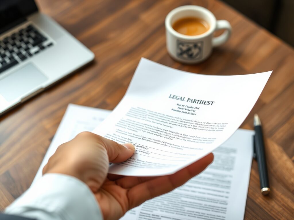 Документ на столе, чашка кофе, ноутбук; рука держит лист с заголовком "LEGAL PARTHEST".
