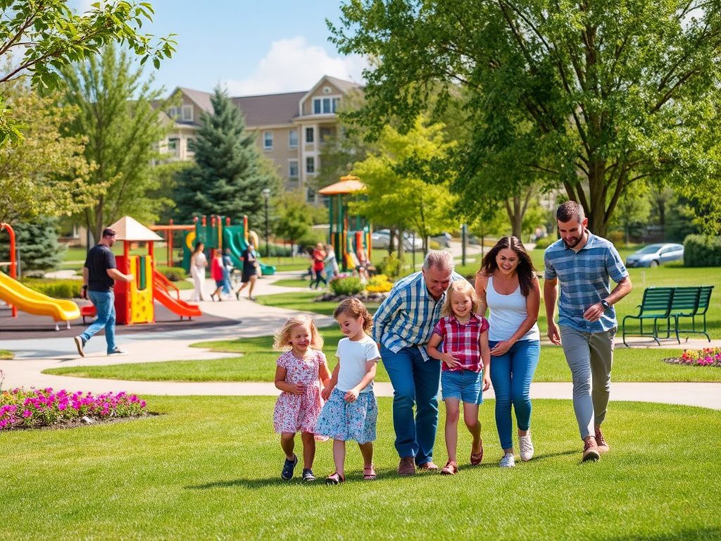 Счастливая семья и дети гуляют по парку, на заднем плане детская площадка и зеленые деревья.