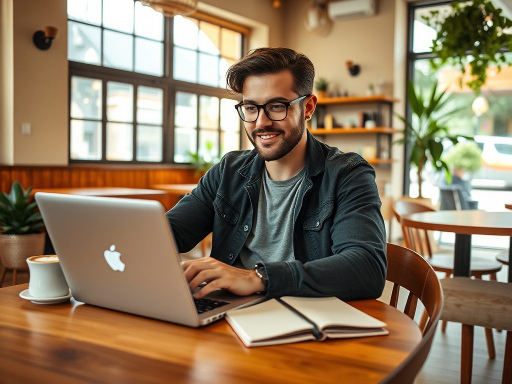 Молодой человек работает за компьютером в уютном кафе, рядом чашка кофе и блокнот.