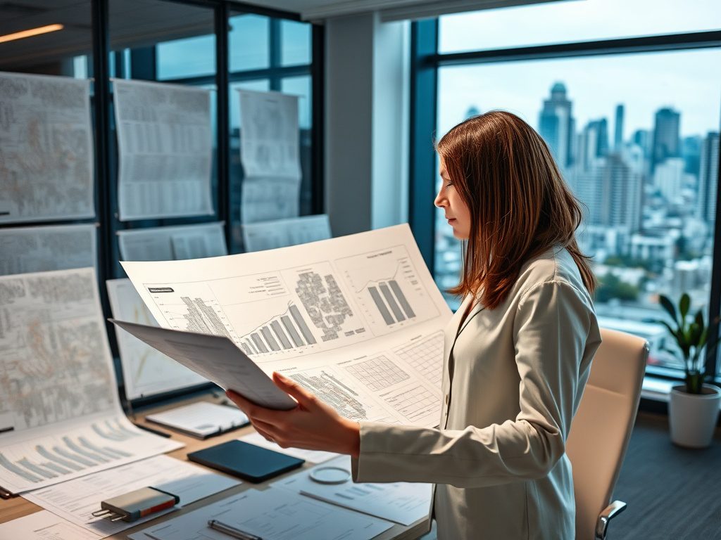 Женщина в офисе изучает документы с графиками на фоне большого окна с городским пейзажем.