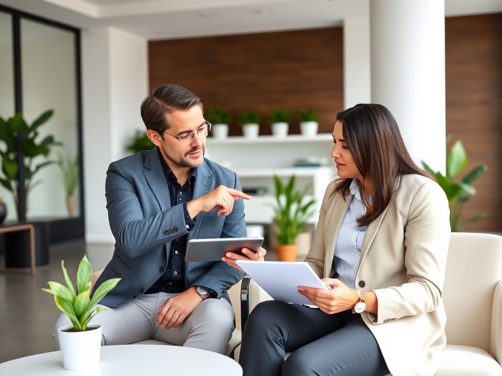 Два человека обсуждают идеи в офисе с растениями на фоне, используя планшеты и выражая интерес.