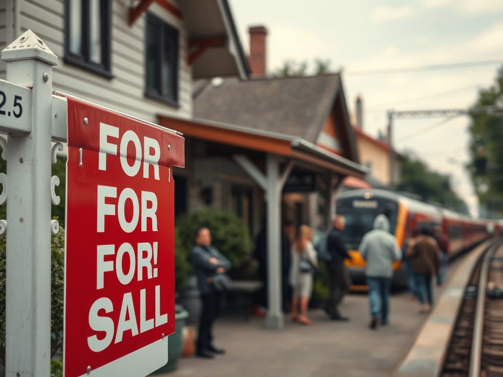 На станции стоит знак с надписью "На продажу", на фоне люди и поезд.