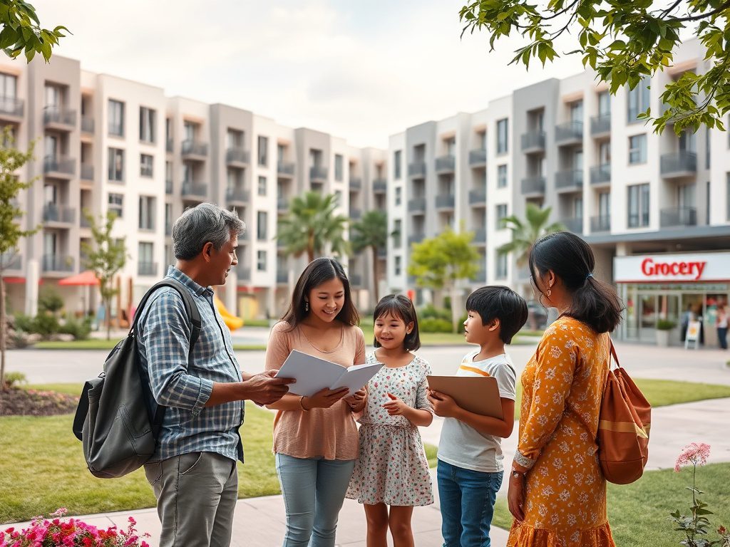 Группа людей на улице обсуждает что-то, на фоне современных зданий и магазина. Яркая и дружелюбная обстановка.