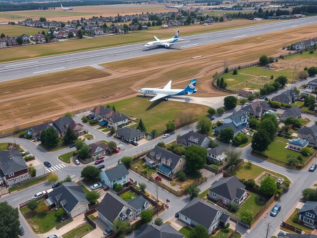 На изображении воздухоплавательные суда над городом, рядом с жилыми домами и взлетно-посадочной полосой.