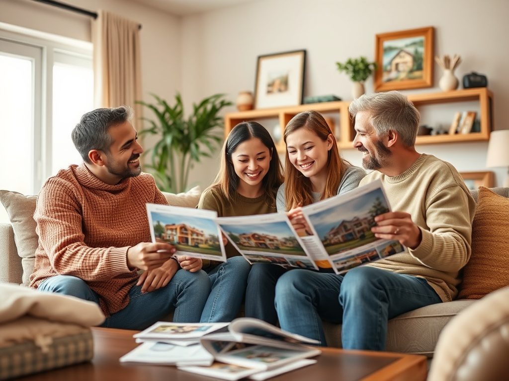 Четыре человека сидят на диване и с интересом смотрят журналы, улыбаясь друг другу в уютной обстановке.