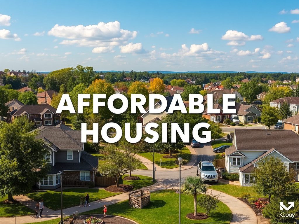 Доступное жилье на фоне уютного жилого района с домами и зелеными деревьями.