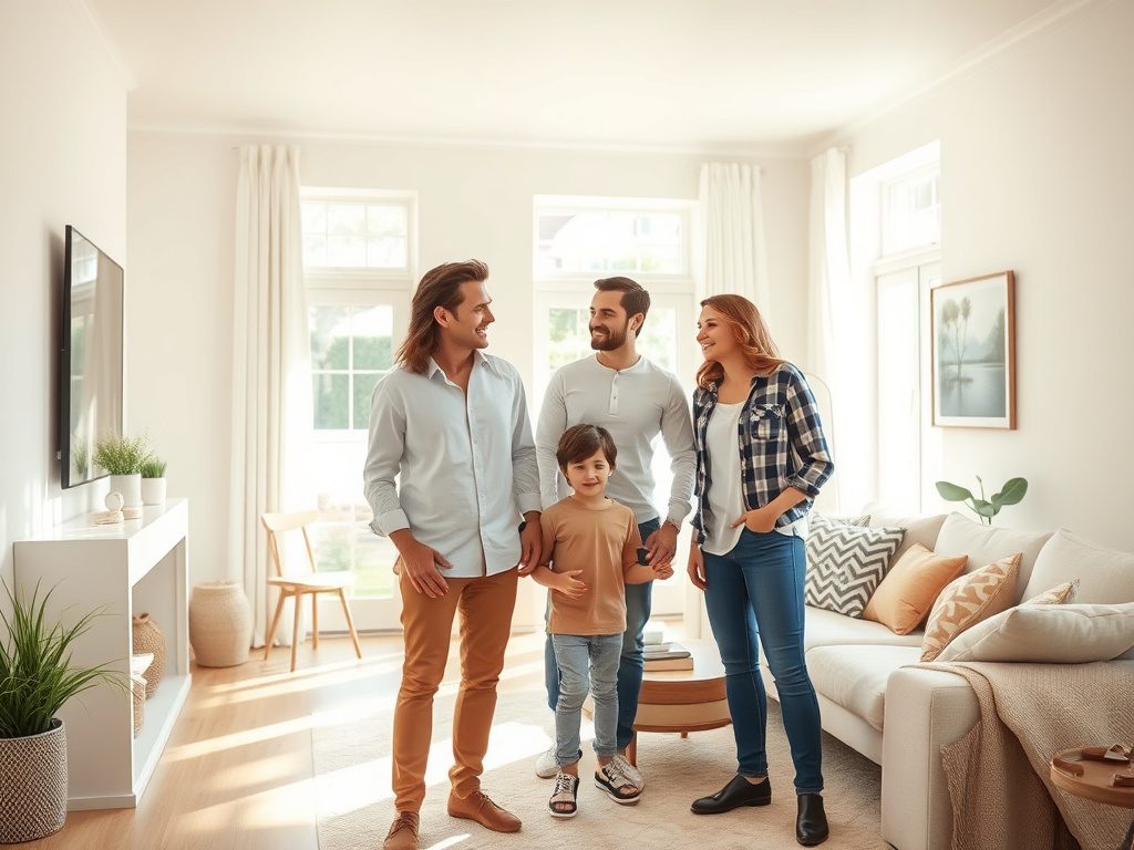 Счастливая семья из четырех человек общается в светлой гостиной. Уютная атмосфера домашнего уюта.