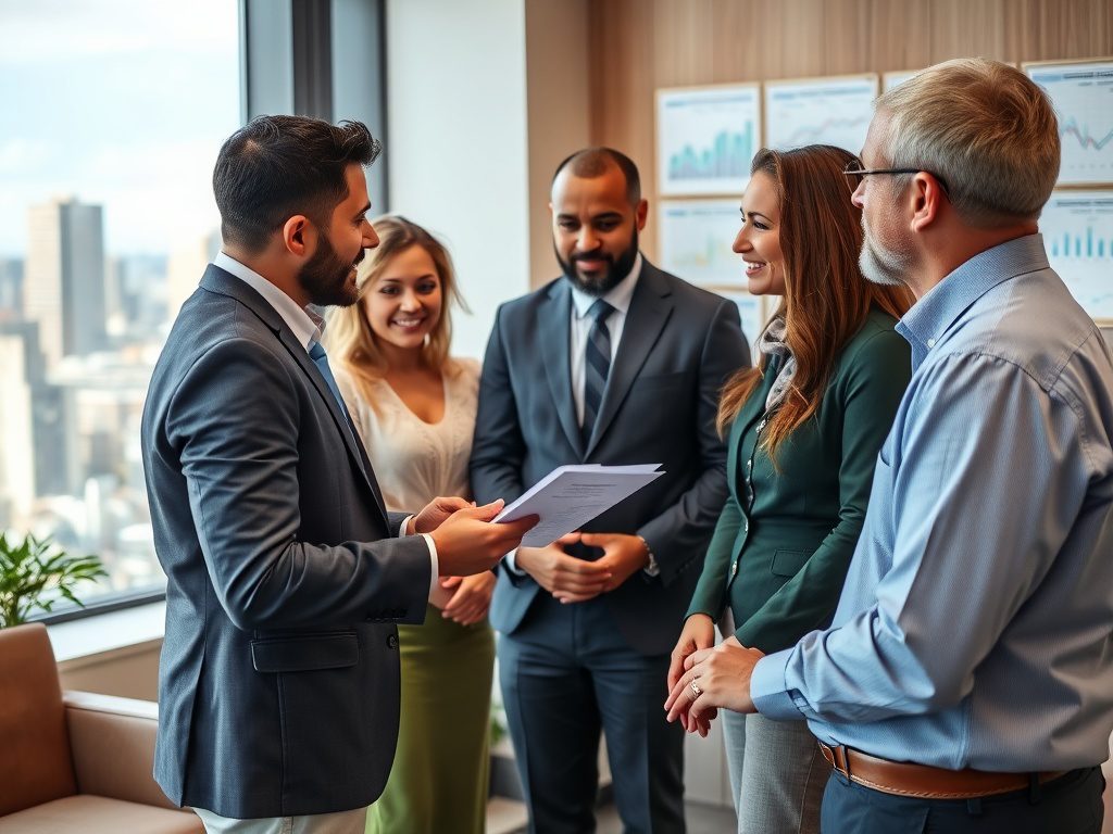 На встрече в офисе группа людей обсуждает документы и радуется успешной работе.